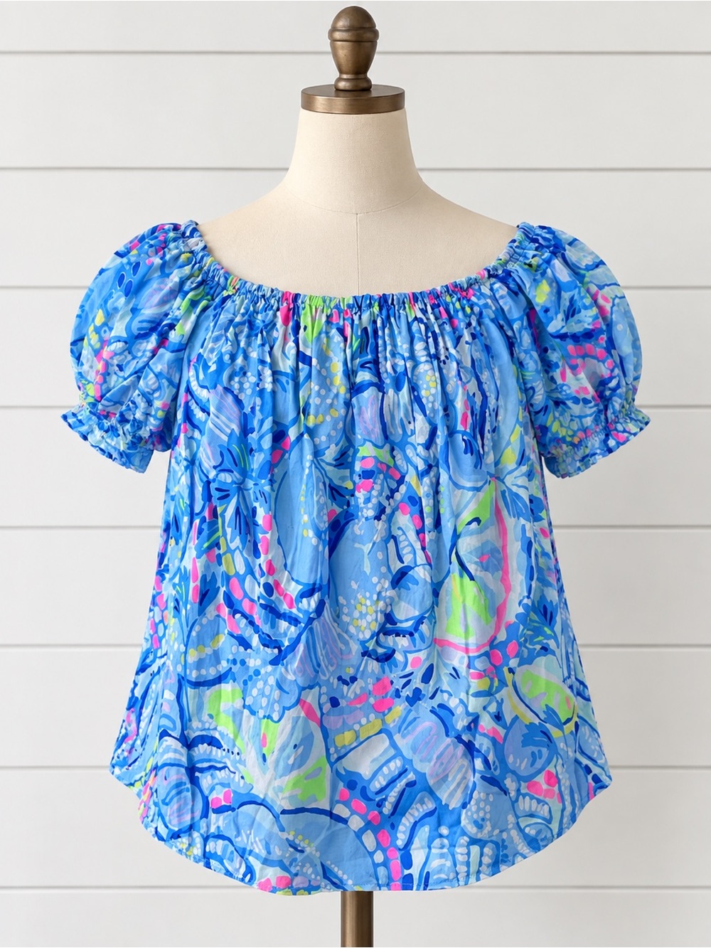 Lilly Pulitzer Blue Multicolor Off-Shoulder Puff Sleeve Top